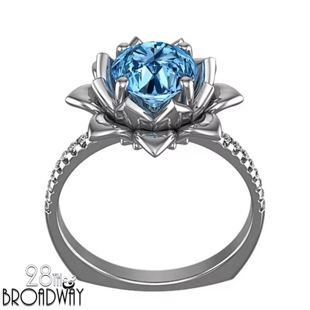 Art Deco Blue Topaz Lotus Flower 925 Silver Ring